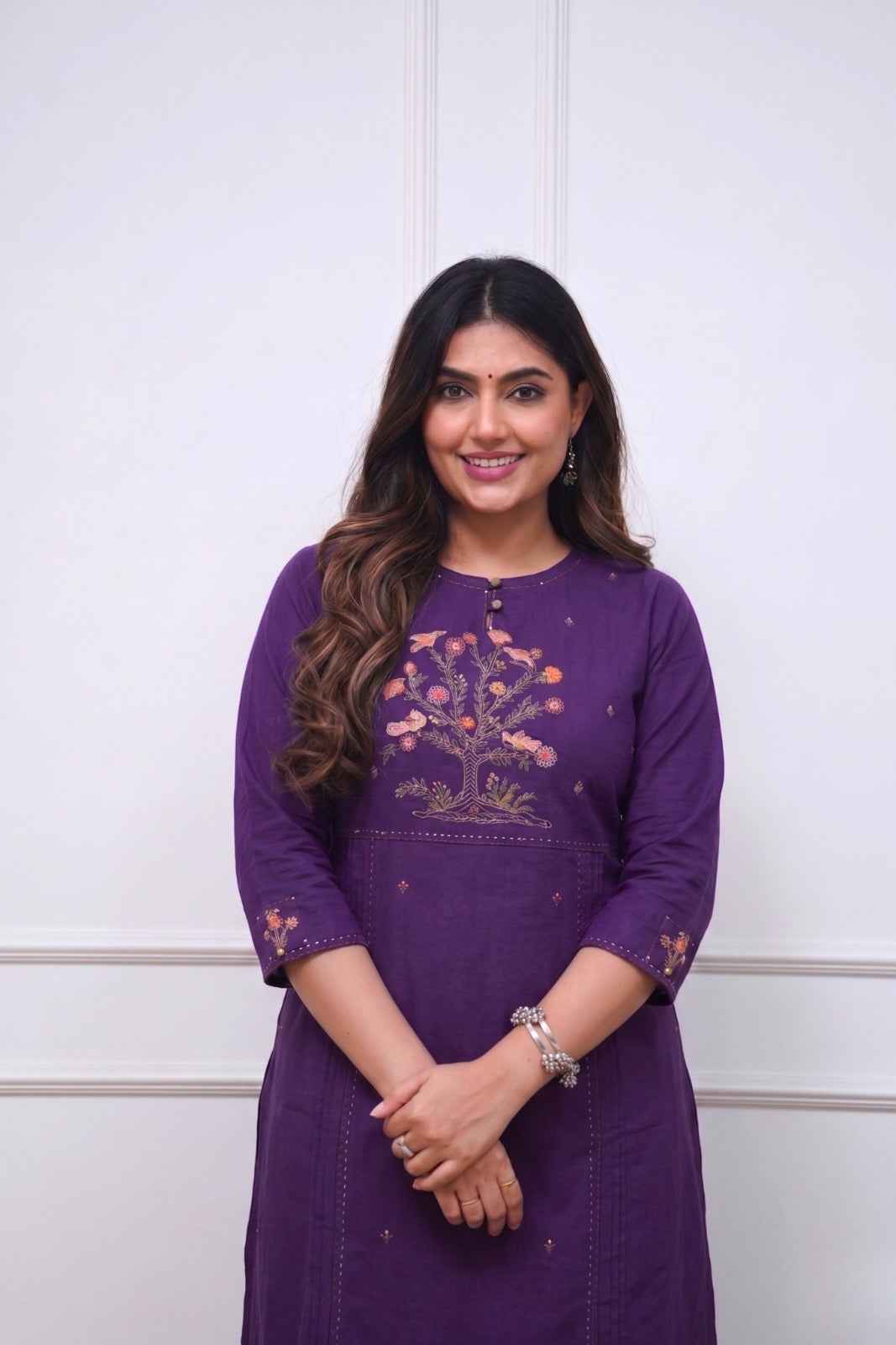 Deep Purple Cotton Embroidered Kurta Pant Set for Women | Elegant Ethnic Wear