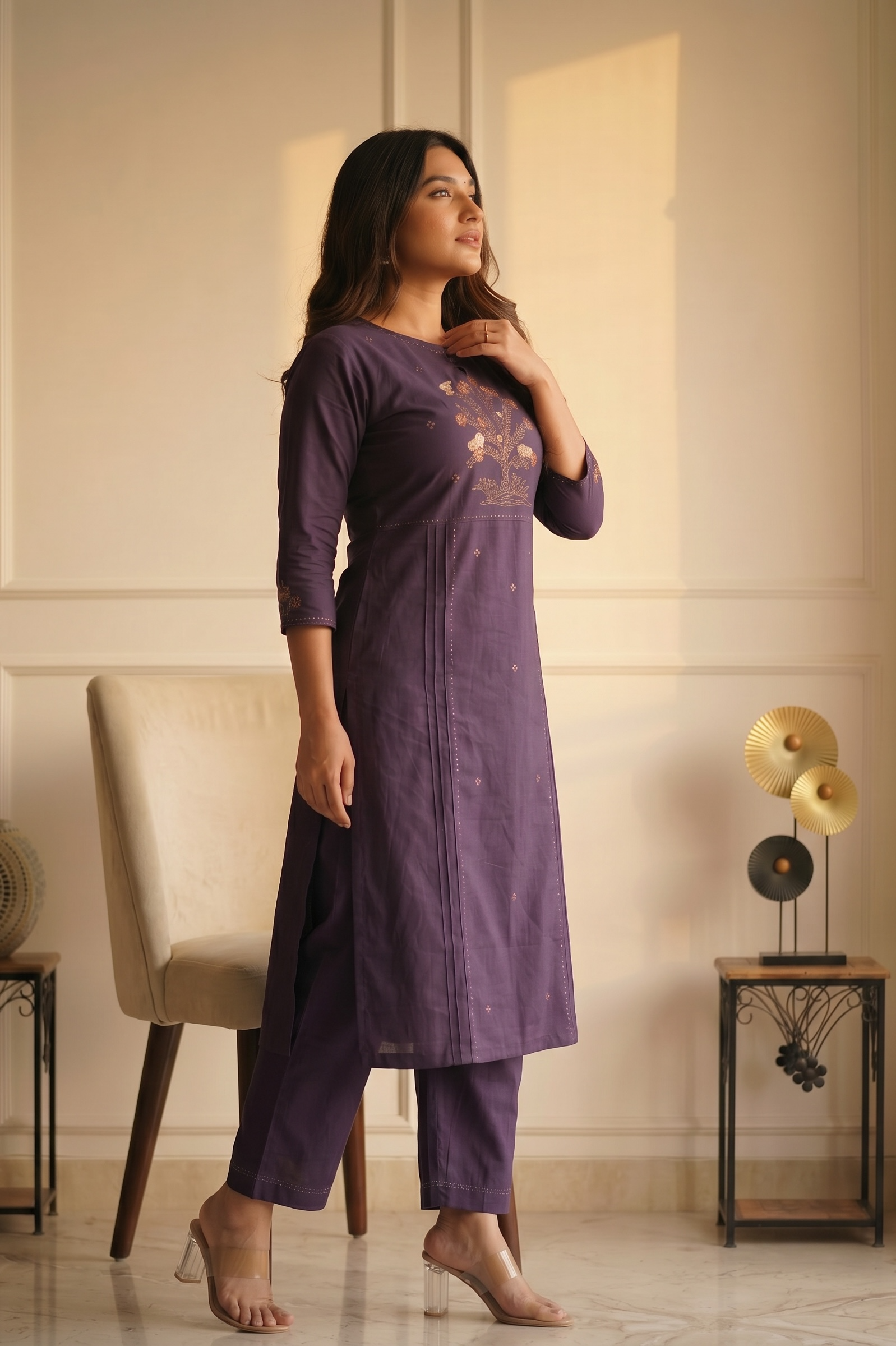 Deep Purple Cotton Embroidered Kurta Pant Set for Women