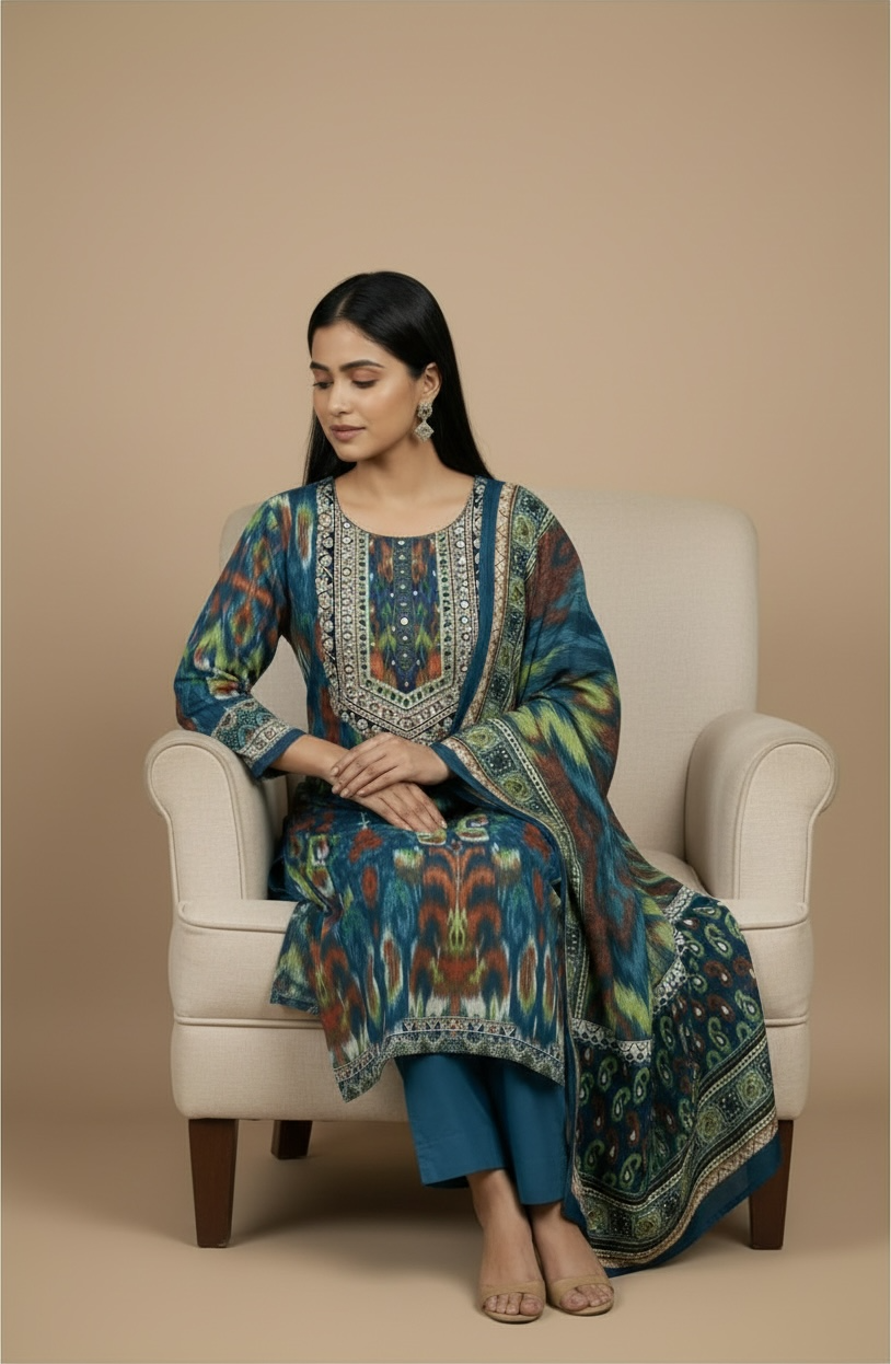Teal Blue Multicolour Ikat Print Premium Cotton Kurti Set with Dupatta