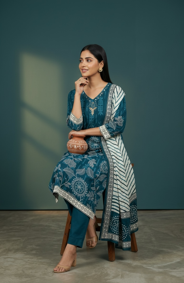 Premium Cotton Printed Kurta Set with Dupatta – Teal Blue Floral Ethnic Wear for Women