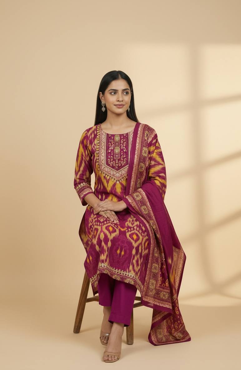 Magenta Ikat Print Premium Cotton Kurti Set with Dupatta