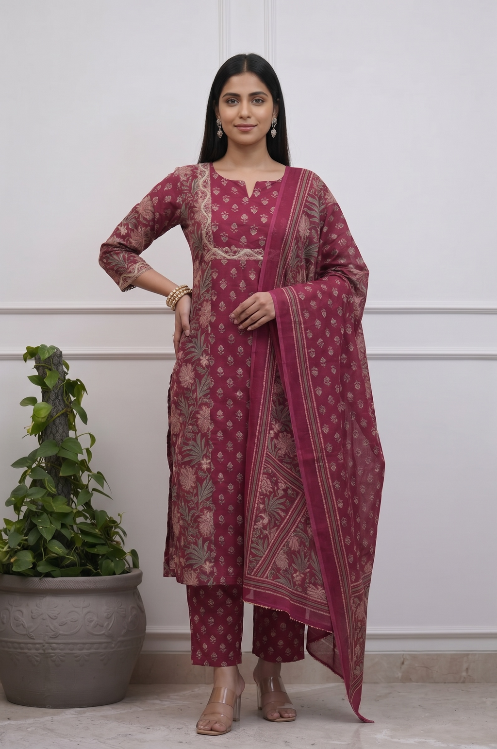 Maroon Premium Cotton Kurta Pant Set for Women