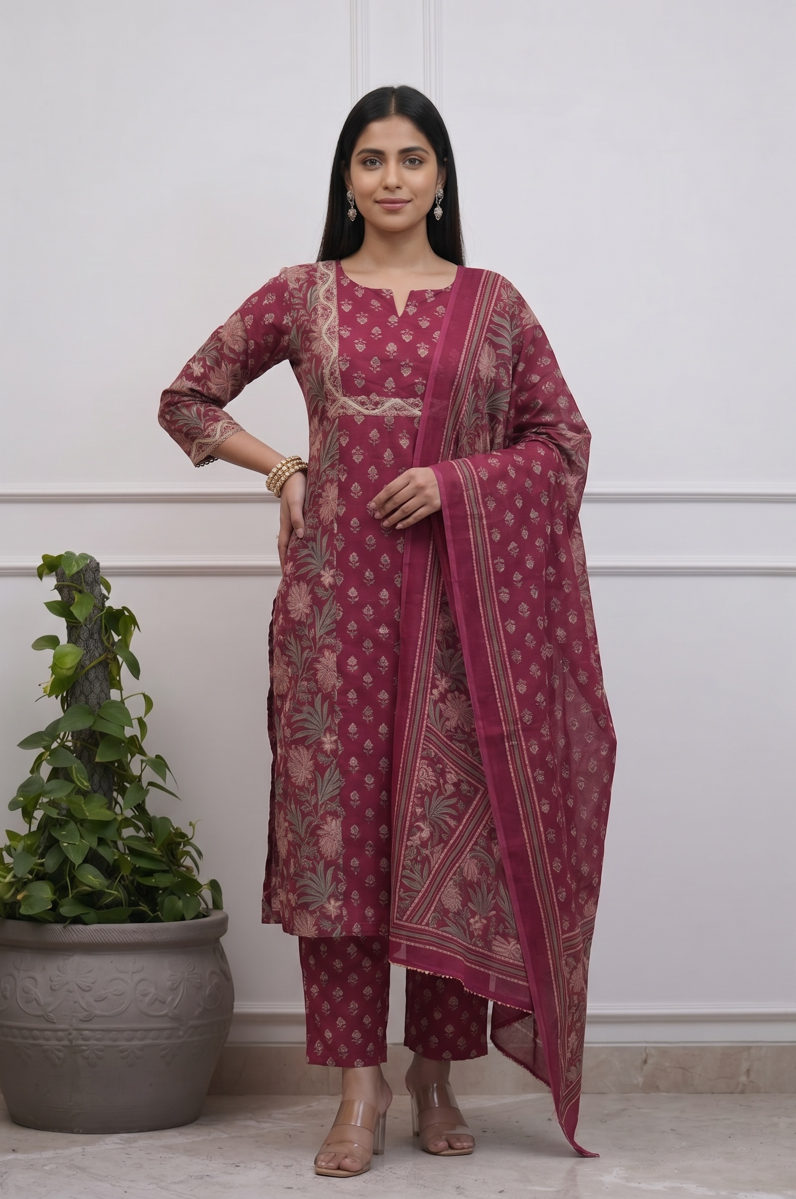 Maroon Premium Cotton Kurta Pant Set for Women