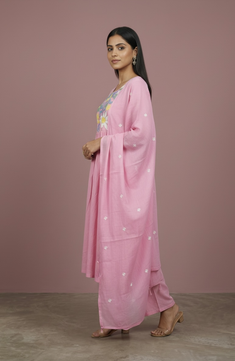 Premium Mul Cotton Embroidered Kurta Set with Dupatta with lining – Soft Pink Floral Ethnic Wear for Women