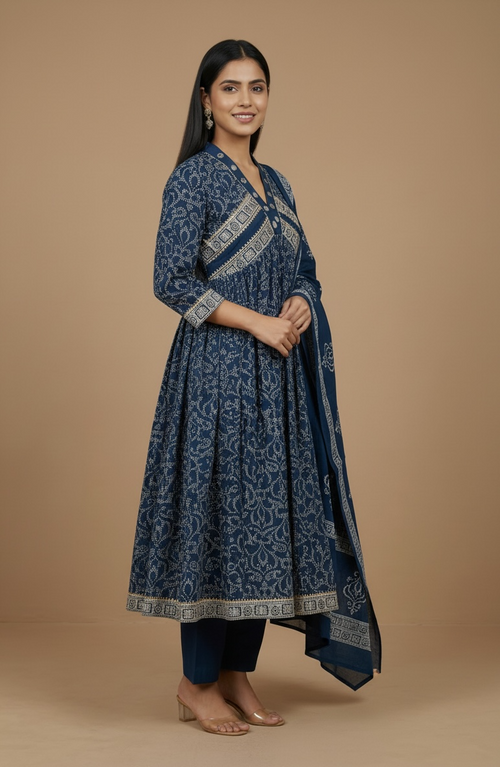 Blue Floral Cotton Anarkali Kurta Set with Dupatta