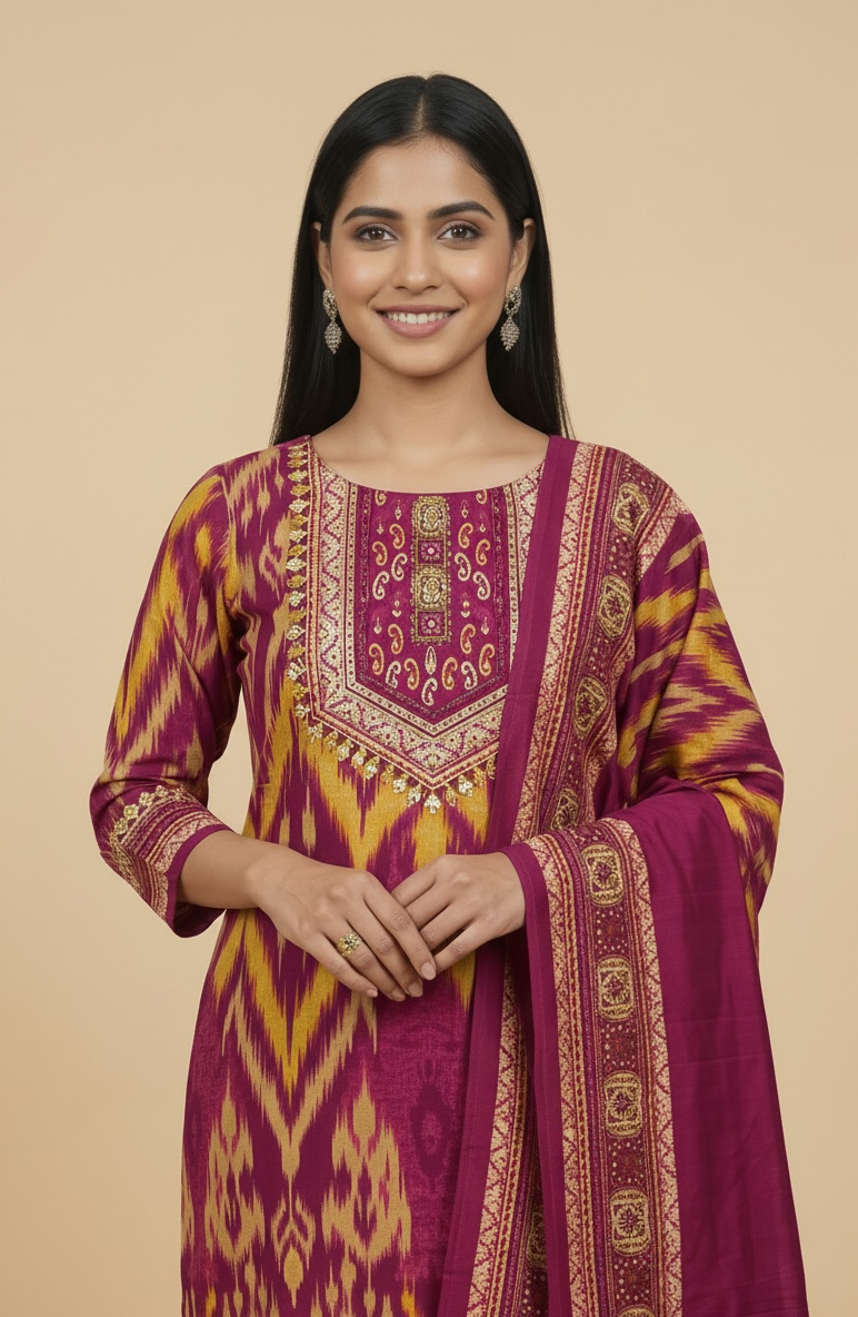Magenta Ikat Print Premium Cotton Kurti Set with Dupatta