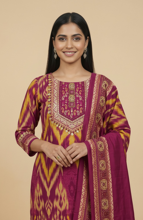 Magenta Ikat Print Premium Cotton Kurti Set with Dupatta