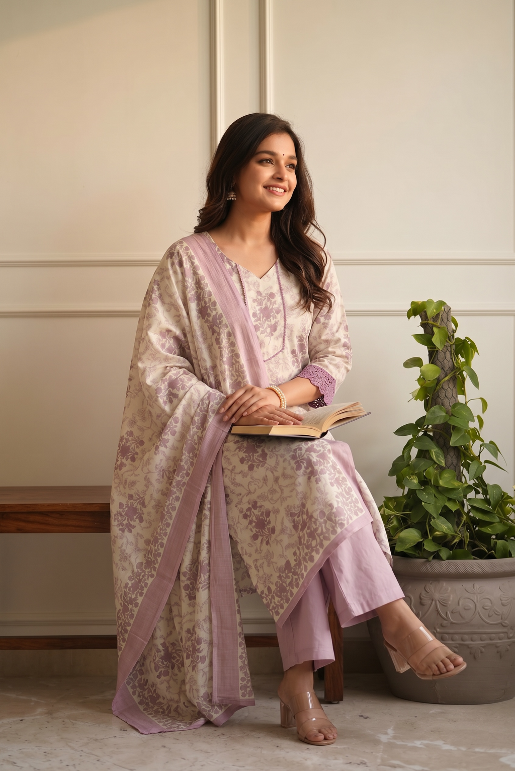Lavender Floral Cotton Kurta Palazzo Set for Women