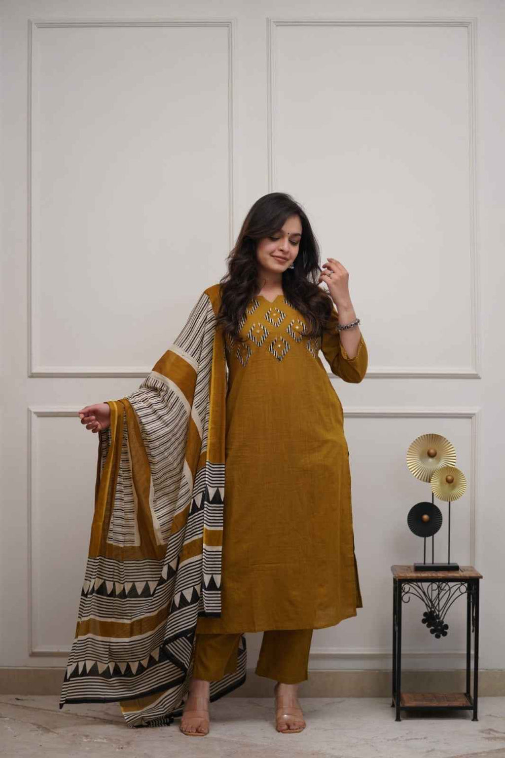Mustard Cotton Handloom Kurta Set with Printed Dupatta for Women