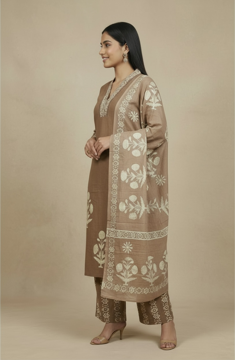 Premium Dabbu Cotton Printed Kurta Set with Dupatta – Earthy Brown Ethnic Wear for Women