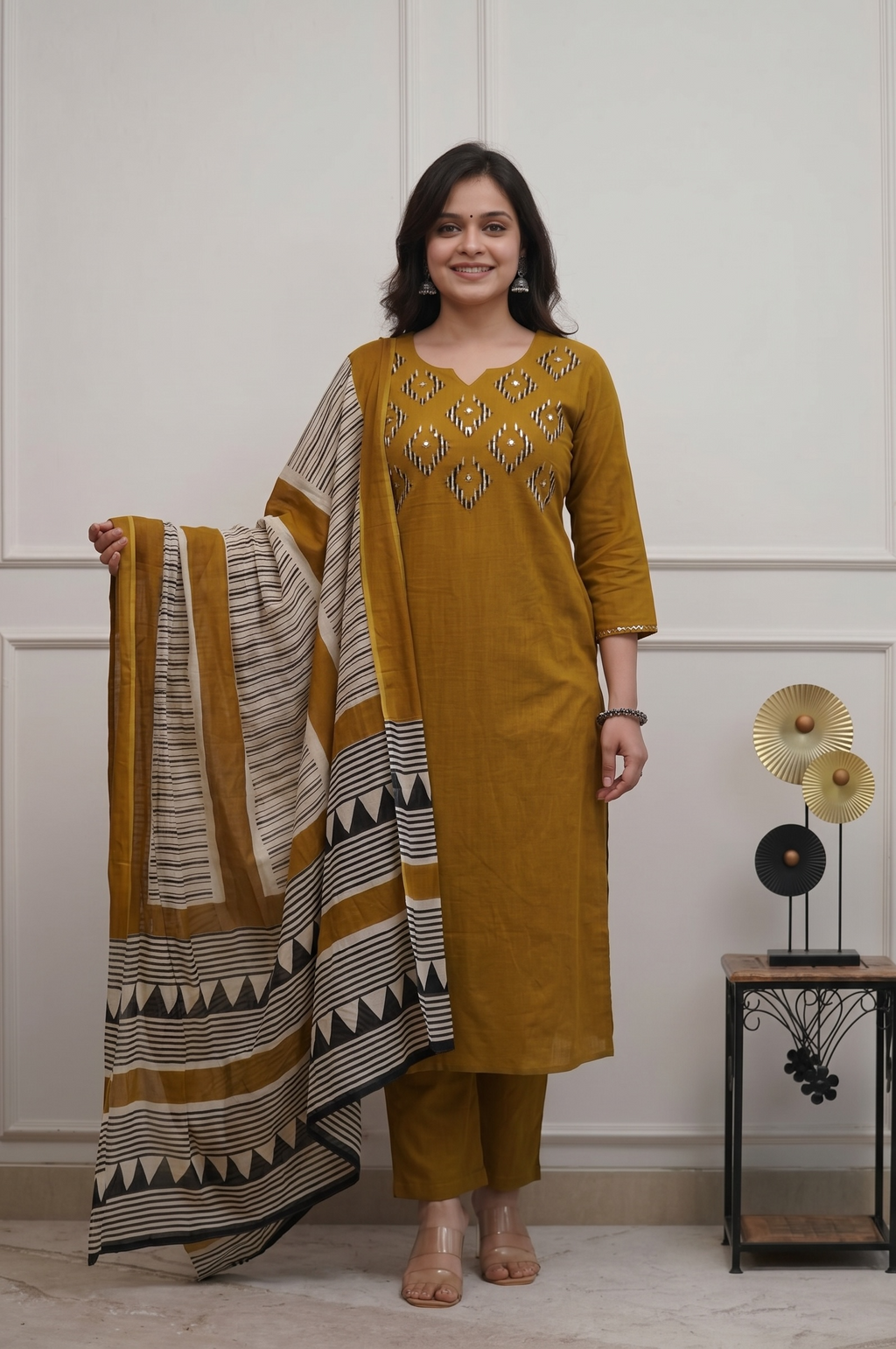 Mustard Cotton Handloom Kurta Set with Printed Dupatta for Women