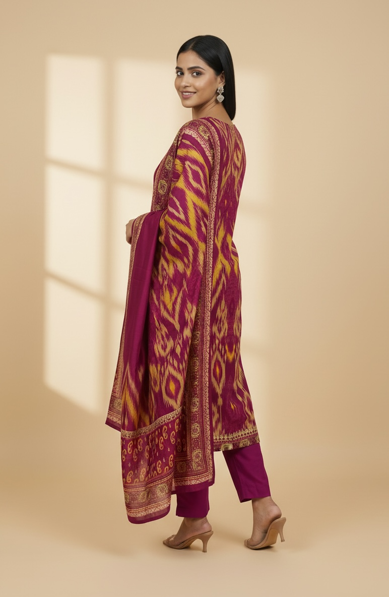 Magenta Ikat Print Premium Cotton Kurti Set with Dupatta