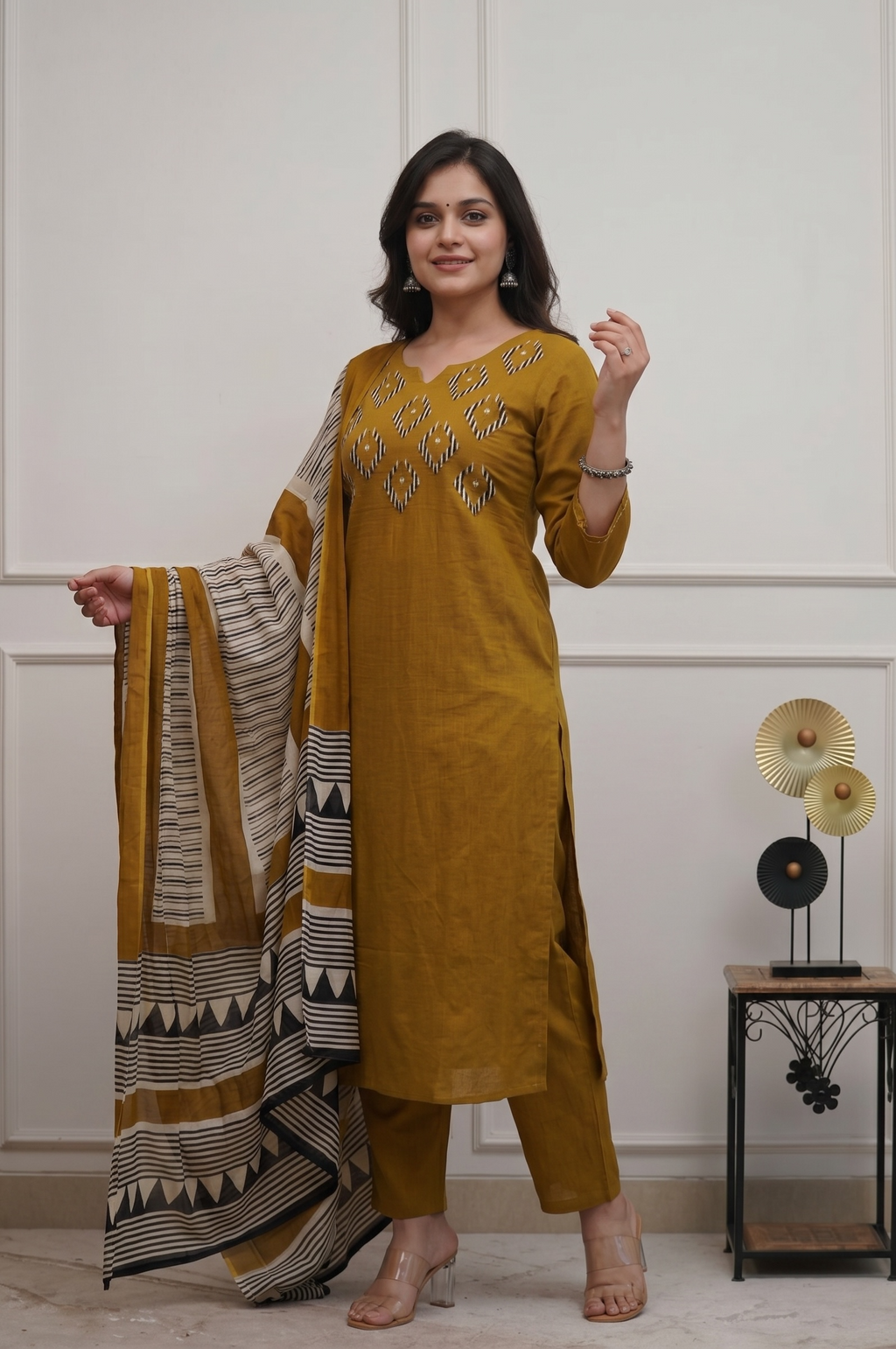 Mustard Cotton Handloom Kurta Set with Printed Dupatta for Women