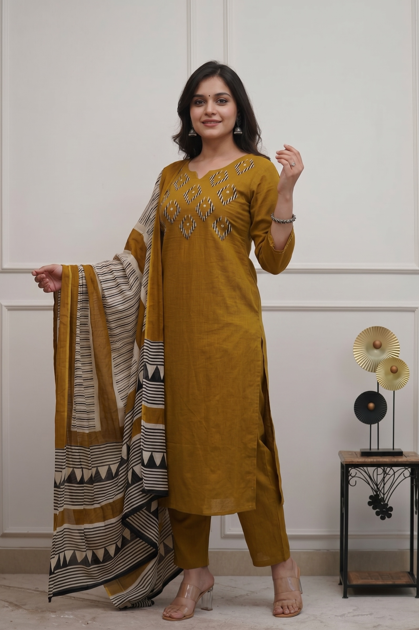 Mustard Cotton Handloom Kurta Set with Printed Dupatta for Women