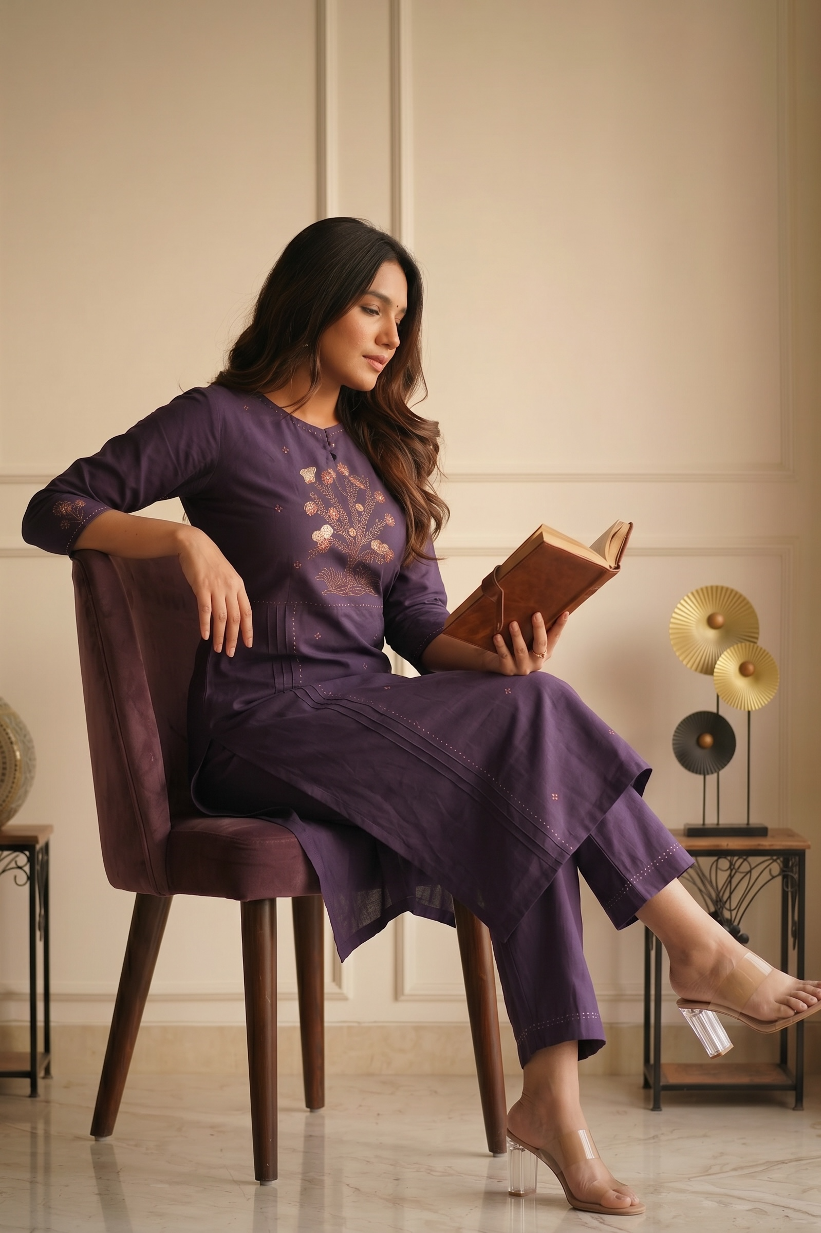 Deep Purple Cotton Embroidered Kurta Pant Set for Women