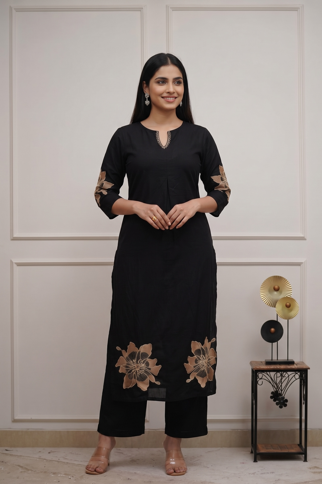 Black Cotton Kurta Pant Set with Gold Floral Detailing for Women