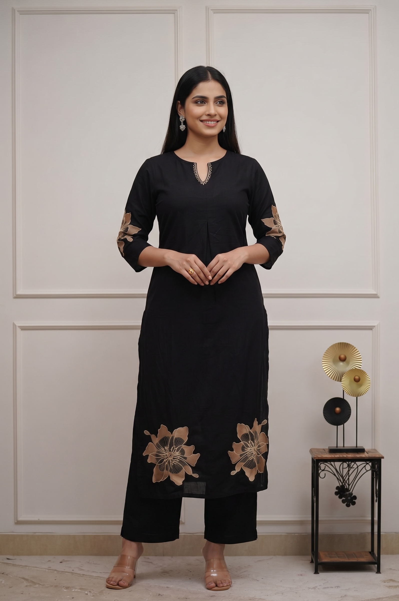 Black Cotton Kurta Pant Set with Gold Floral Detailing for Women