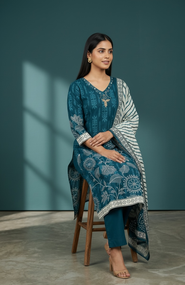 Premium Cotton Printed Kurta Set with Dupatta – Teal Blue Floral Ethnic Wear for Women