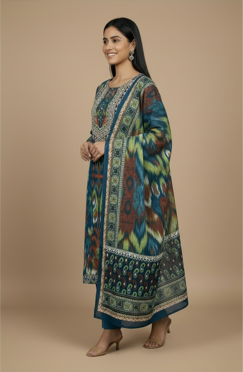 Teal Blue Multicolour Ikat Print Premium Cotton Kurti Set with Dupatta