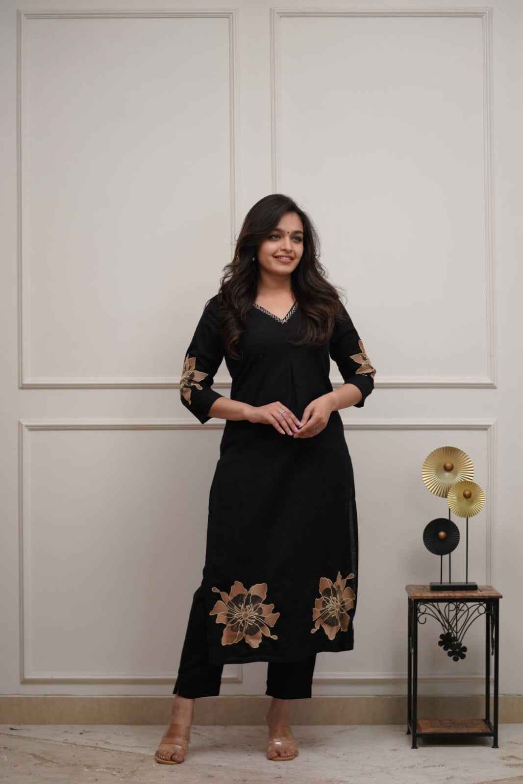 Black Cotton Kurta Pant Set with Gold Floral Detailing for Women