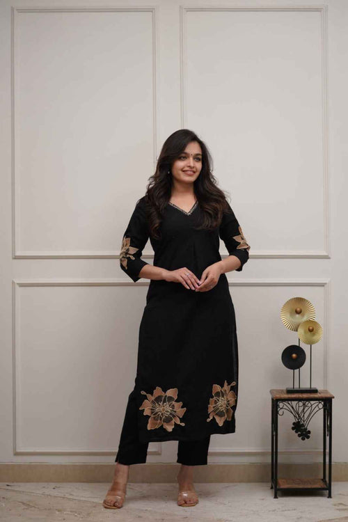 Black Cotton Kurta Pant Set with Gold Floral Detailing for Women