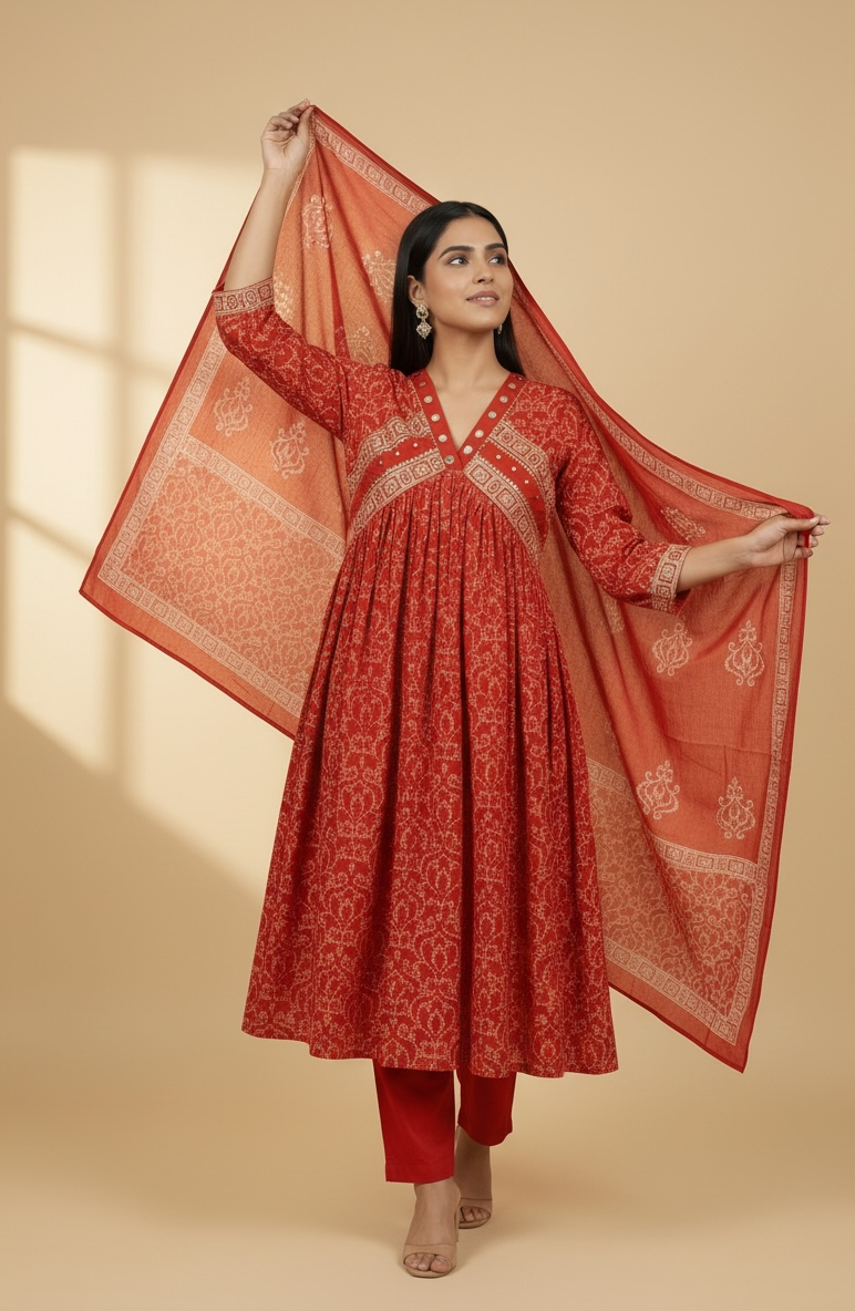 Red Floral Cotton Anarkali Kurta Set with Dupatta