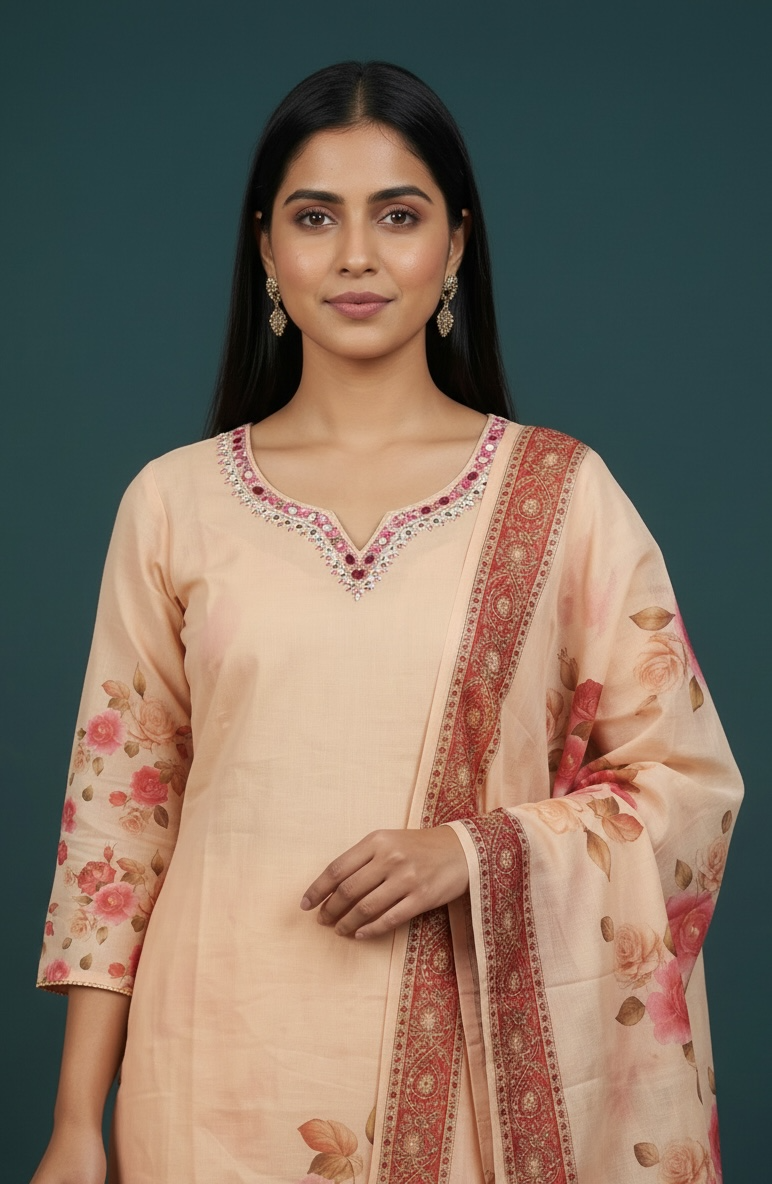 Premium Cotton Floral Printed Kurta Set with Dupatta and lining – Peach Ethnic Wear for Women