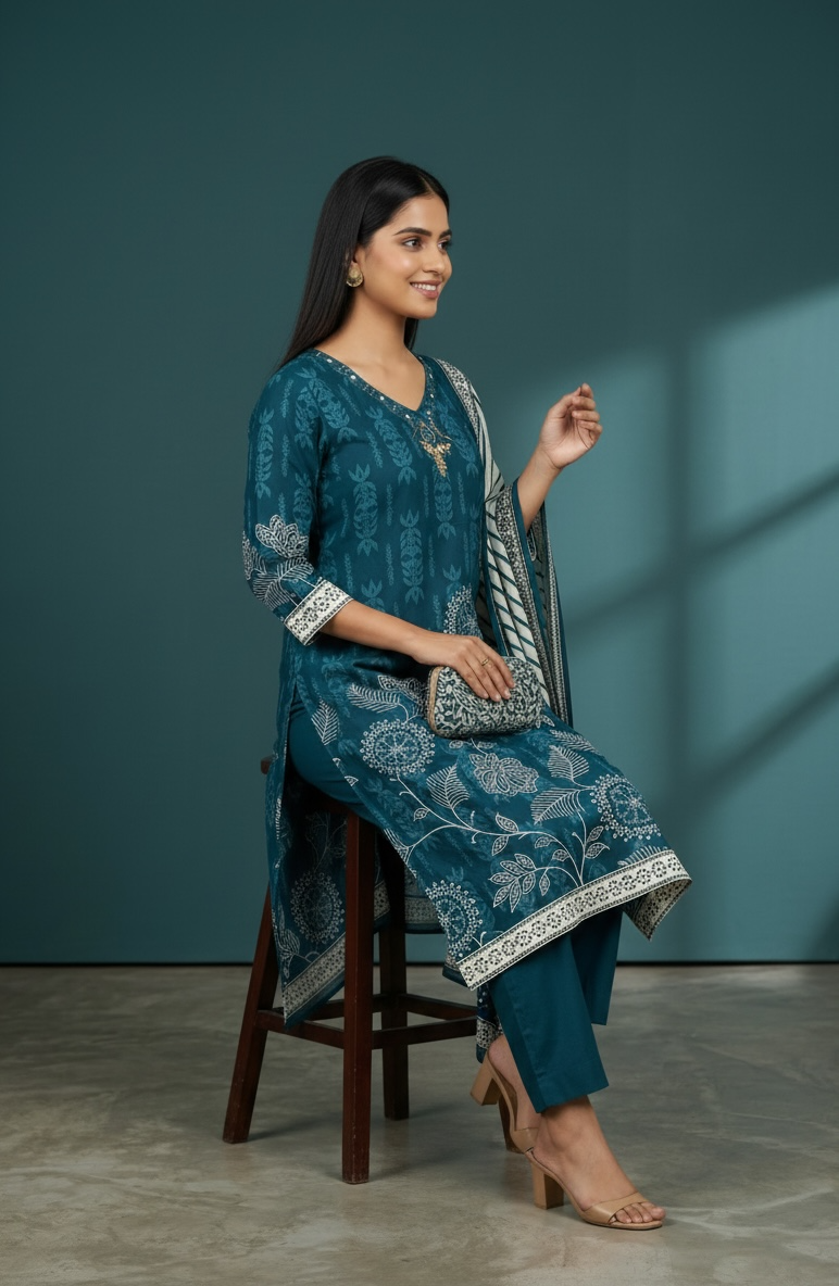Premium Cotton Printed Kurta Set with Dupatta – Teal Blue Floral Ethnic Wear for Women