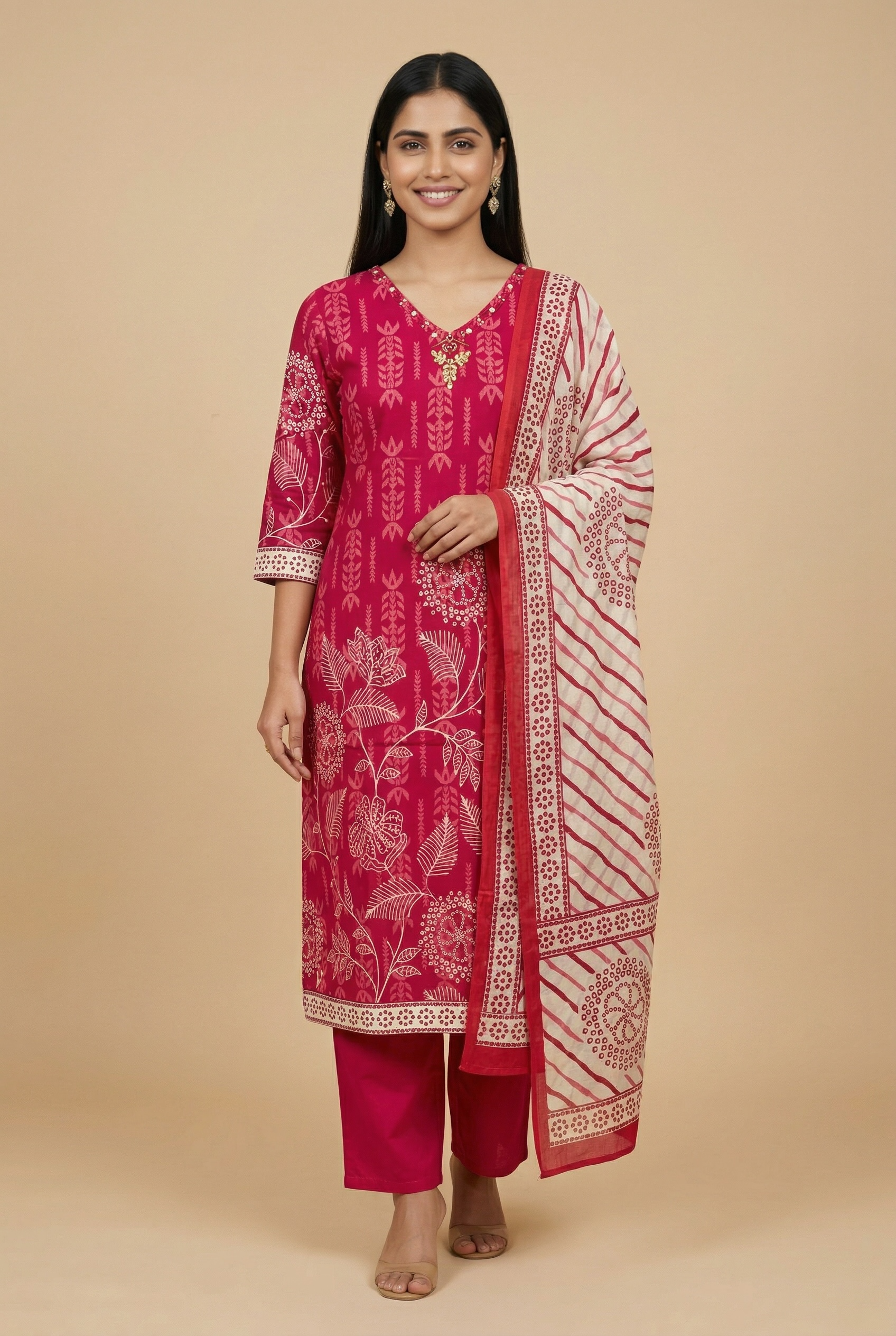Premium Cotton Printed Kurta Set with Dupatta – Rani Pink Floral Ethnic Wear for Women