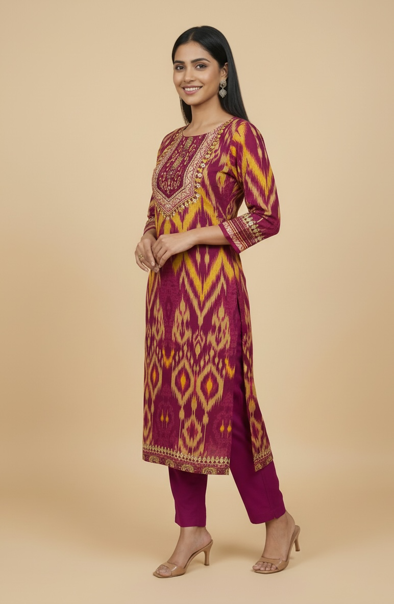 Magenta Ikat Print Premium Cotton Kurti Set with Dupatta