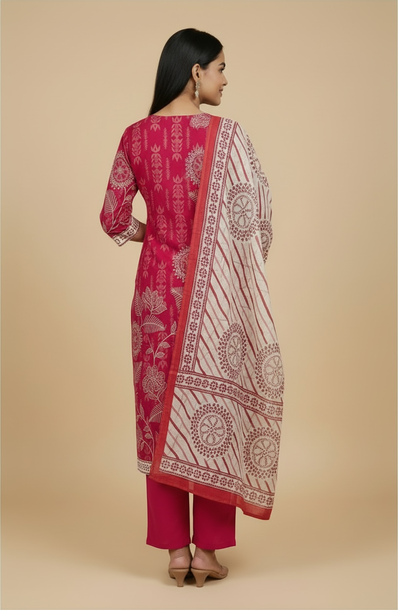 Premium Cotton Printed Kurta Set with Dupatta – Rani Pink Floral Ethnic Wear for Women
