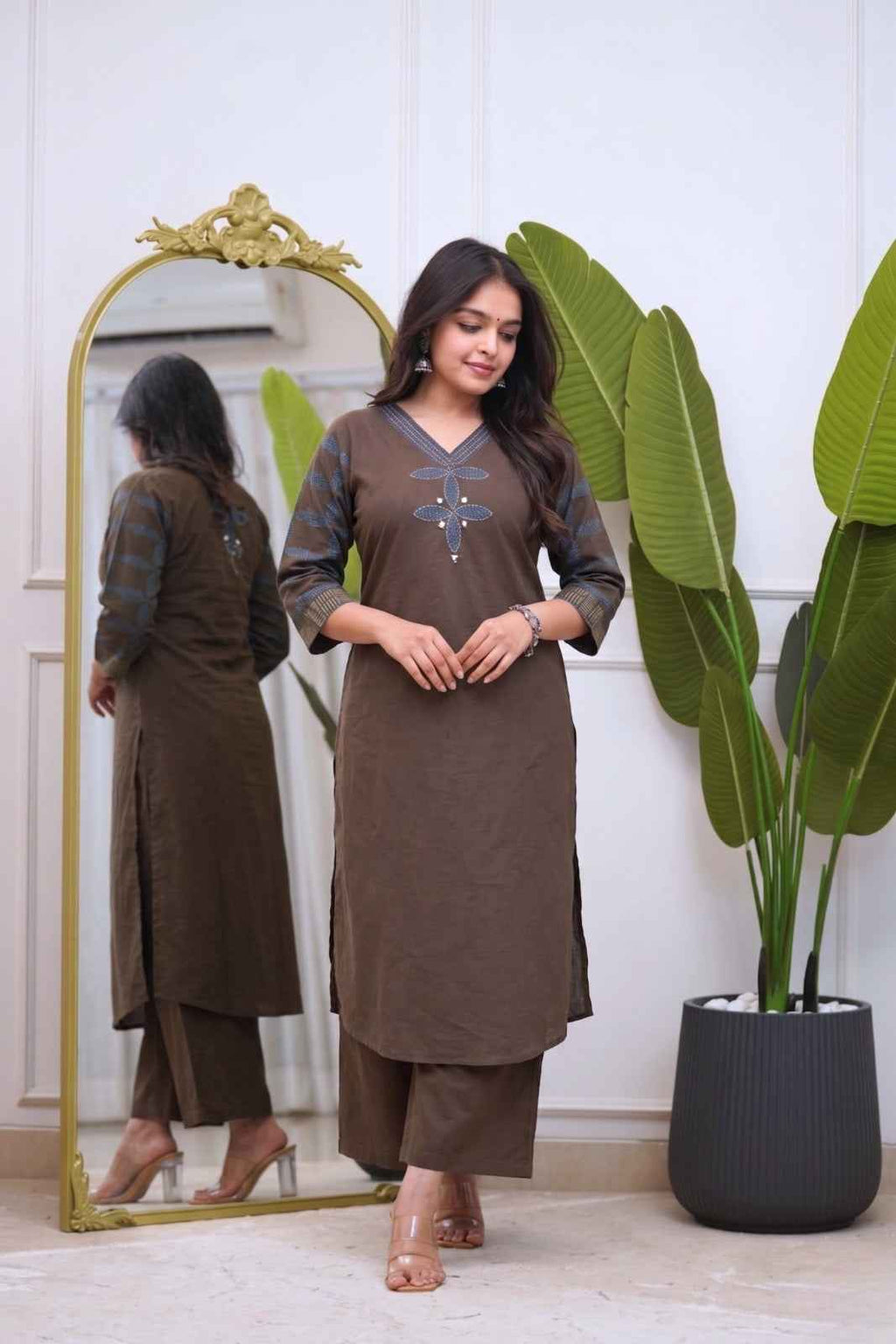 Earthy Brown Cotton Kurta Plazo Set for Women | Elegant Casual & Festive Wear