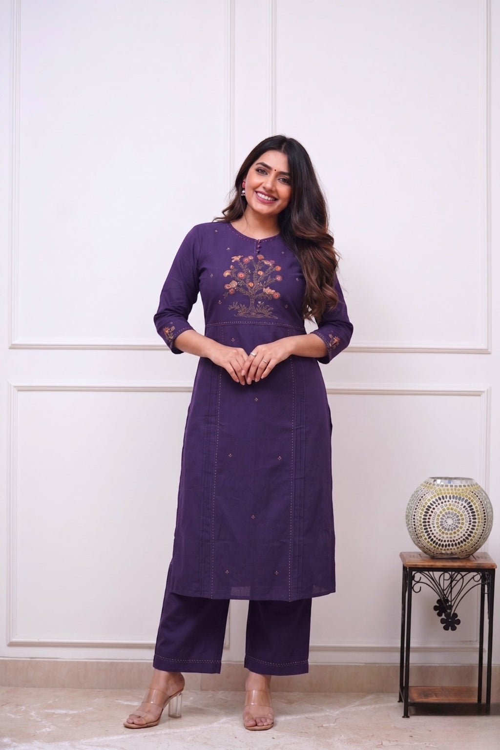 Deep Purple Cotton Embroidered Kurta Pant Set for Women