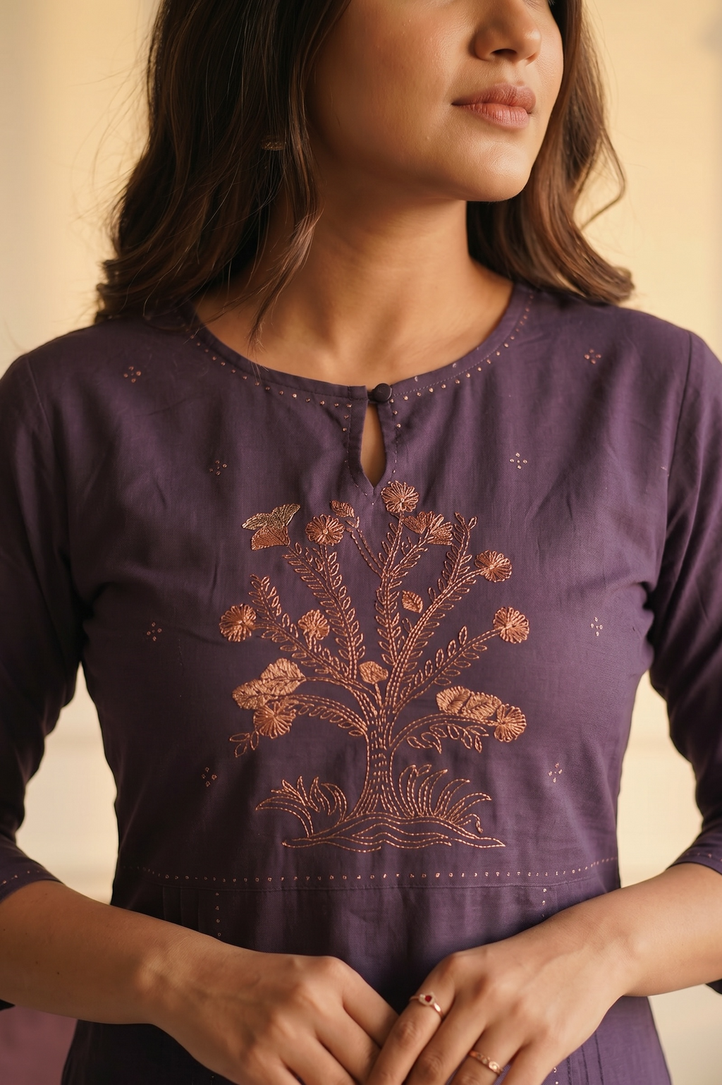 Deep Purple Cotton Embroidered Kurta Pant Set for Women | Elegant Ethnic Wear