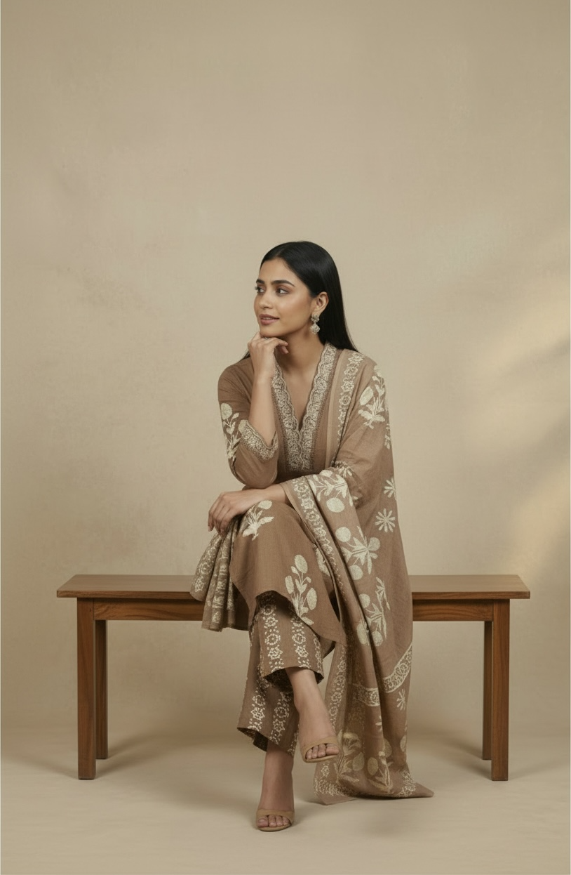 Premium Dabbu Cotton Printed Kurta Set with Dupatta – Earthy Brown Ethnic Wear for Women