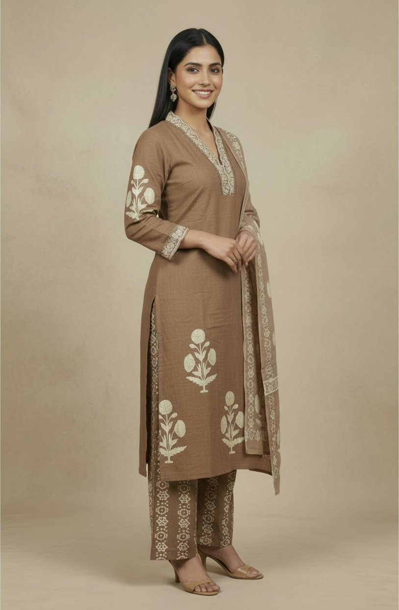 Premium Dabbu Cotton Printed Kurta Set with Dupatta – Earthy Brown Ethnic Wear for Women