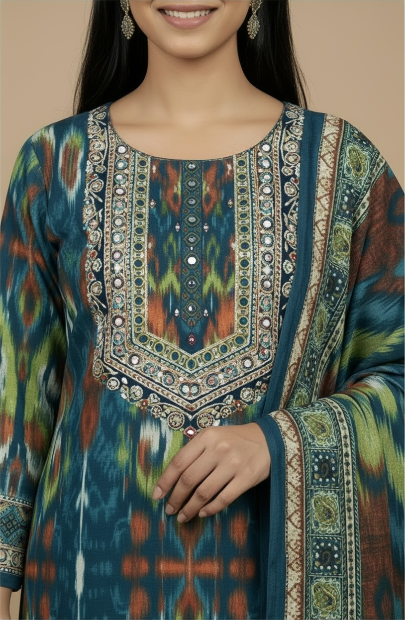 Teal Blue Ikat Cotton Kurta Set with Dupatta