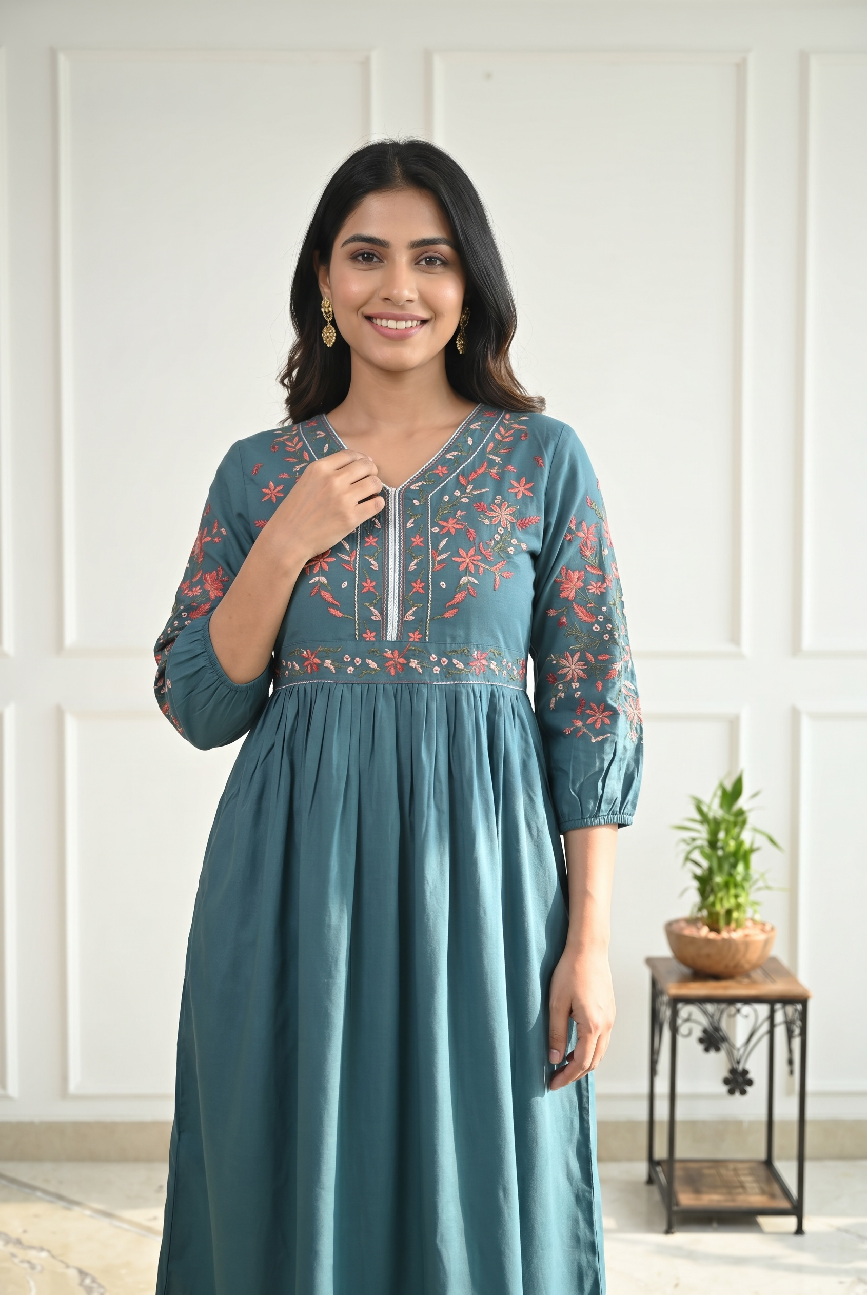 Rayon Western Dress with Thread Embroidery for Women
