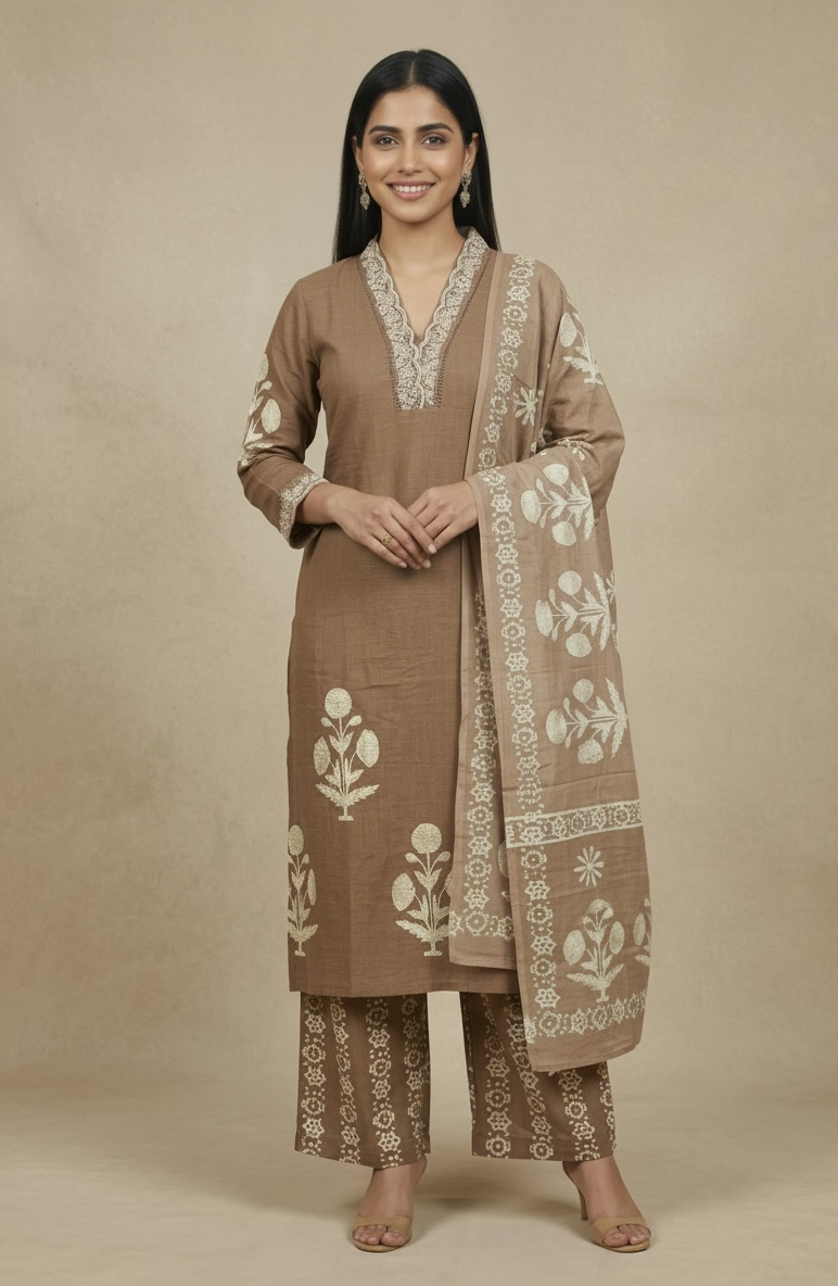 Premium Dabbu Cotton Printed Kurta Set with Dupatta – Earthy Brown Ethnic Wear for Women