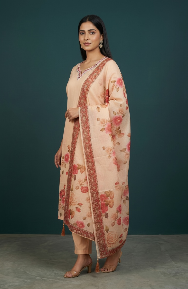 Premium Cotton Floral Printed Kurta Set with Dupatta and lining – Peach Ethnic Wear for Women