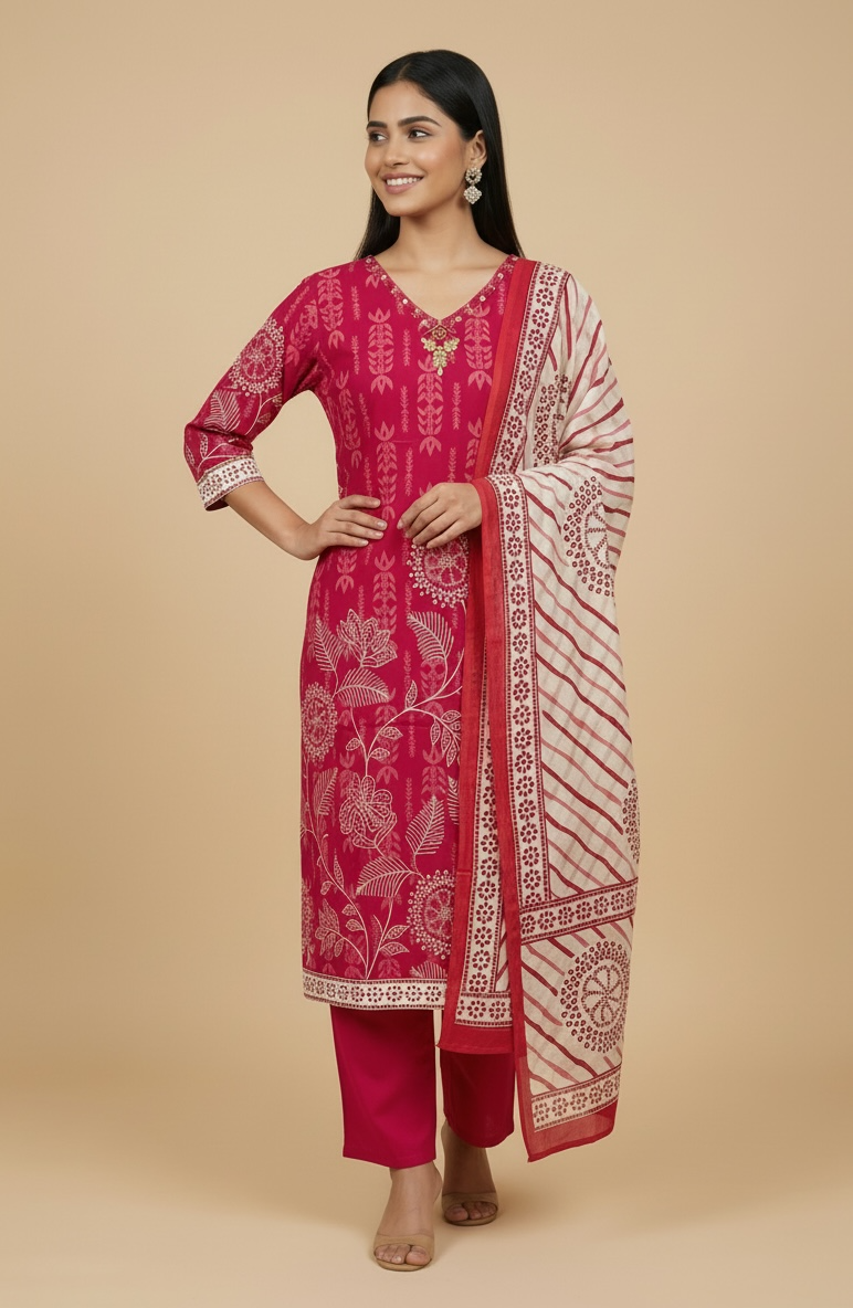 Premium Cotton Printed Kurta Set with Dupatta – Rani Pink Floral Ethnic Wear for Women
