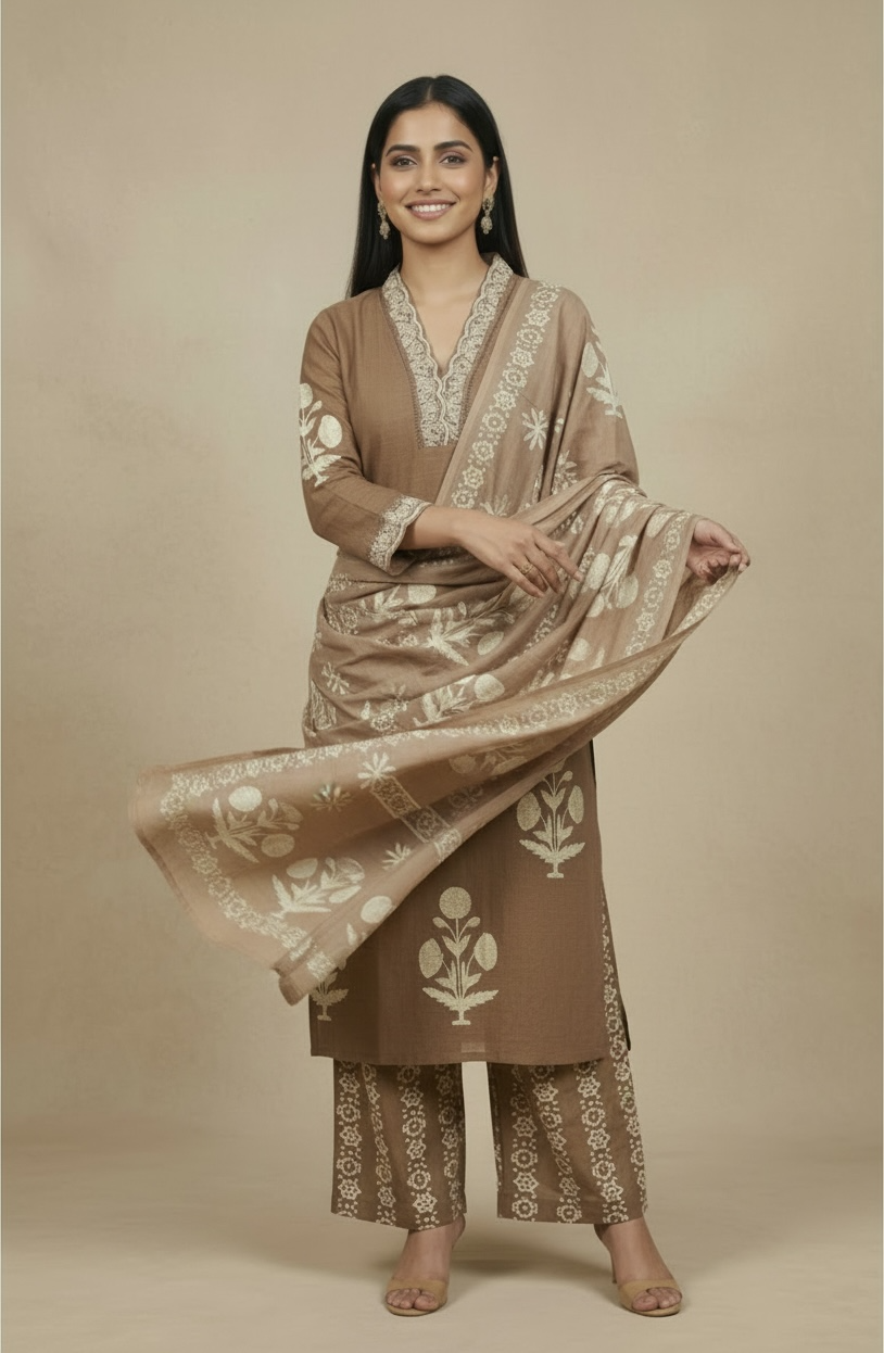 Premium Dabbu Cotton Printed Kurta Set with Dupatta – Earthy Brown Ethnic Wear for Women