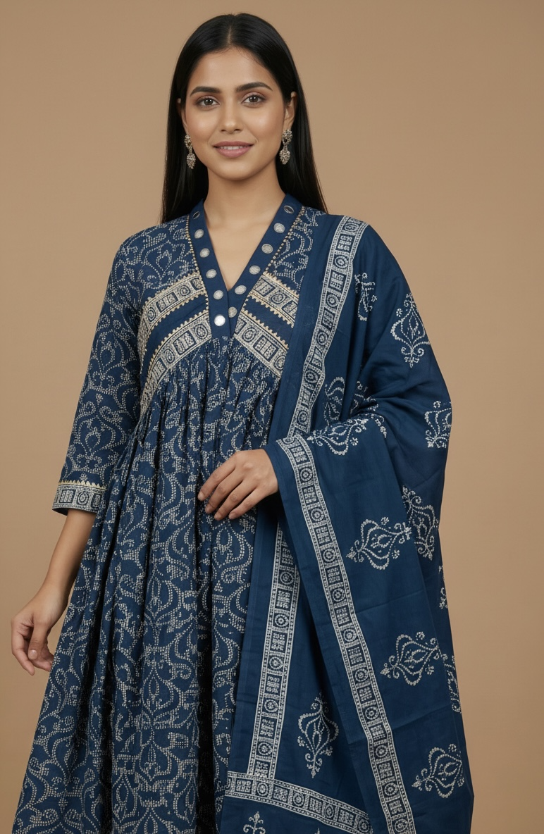 Blue Floral Cotton Anarkali Kurta Set with Dupatta