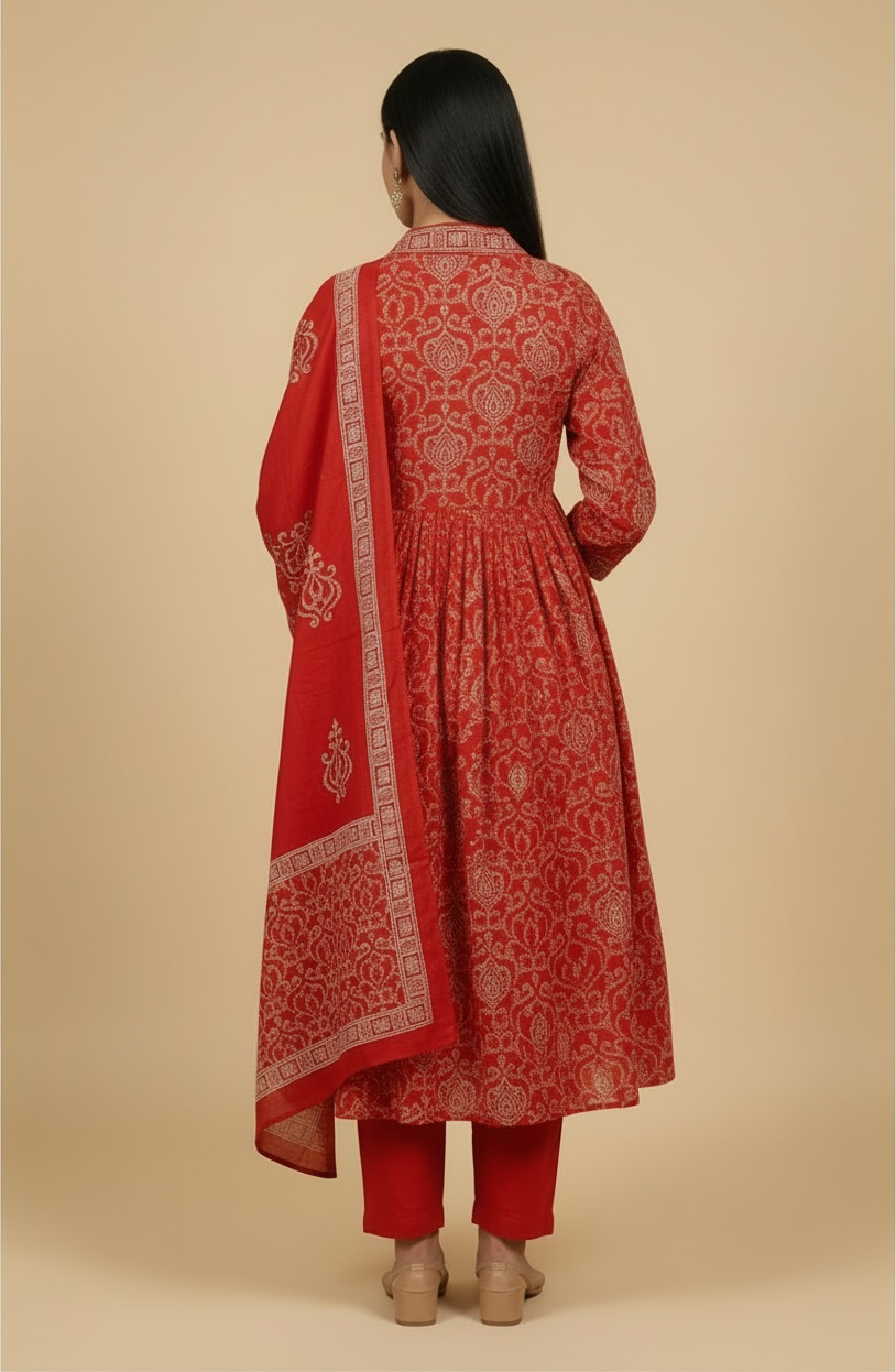Premium Cotton Printed Anarkali Kurta Set with Dupatta – Red Ethnic Wear for Women