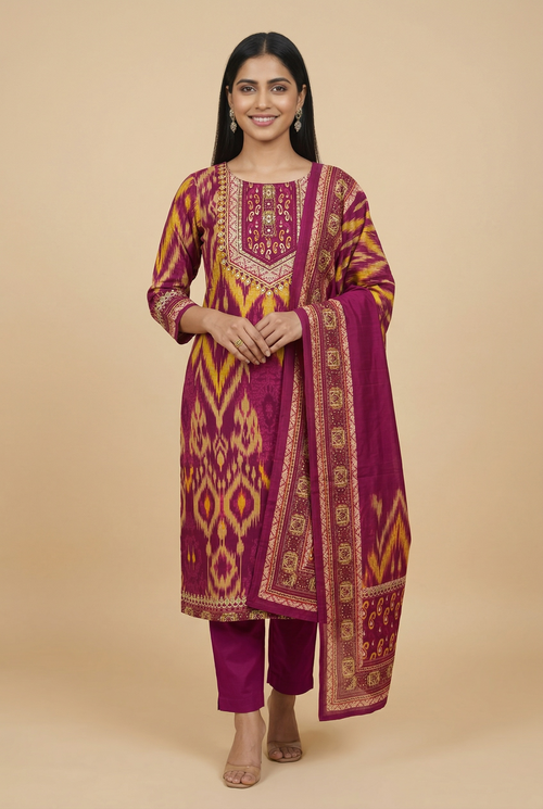 Magenta Ikat Print Premium Cotton Kurti Set with Dupatta