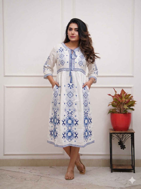 White Blue Flex Cotton Embroidered Midi Dress for Women
