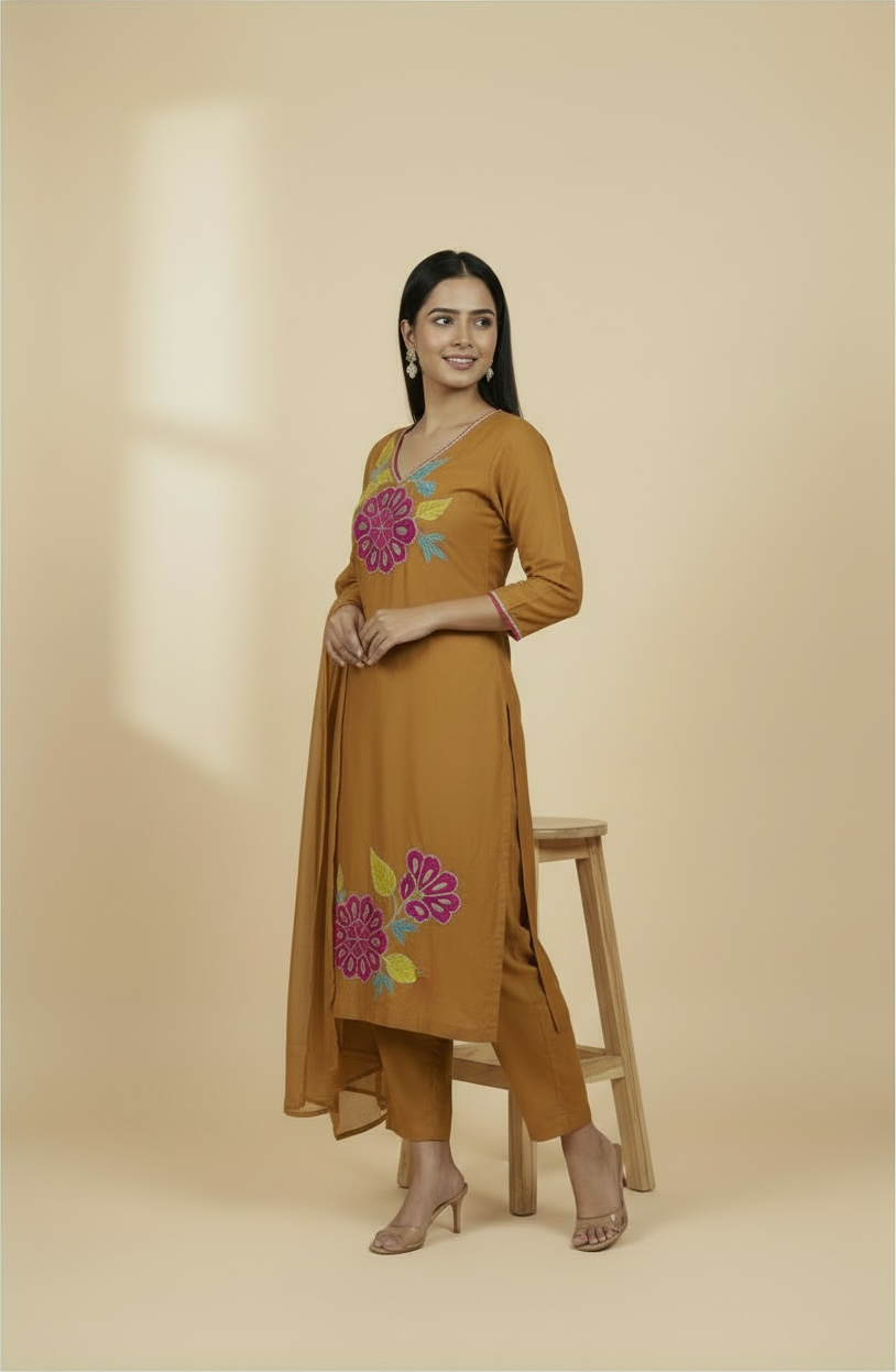 Pure Banarasi Mulchandri Silk Kurta Set with Dupatta and lining – Mustard Embroidered Ethnic Wear for Women