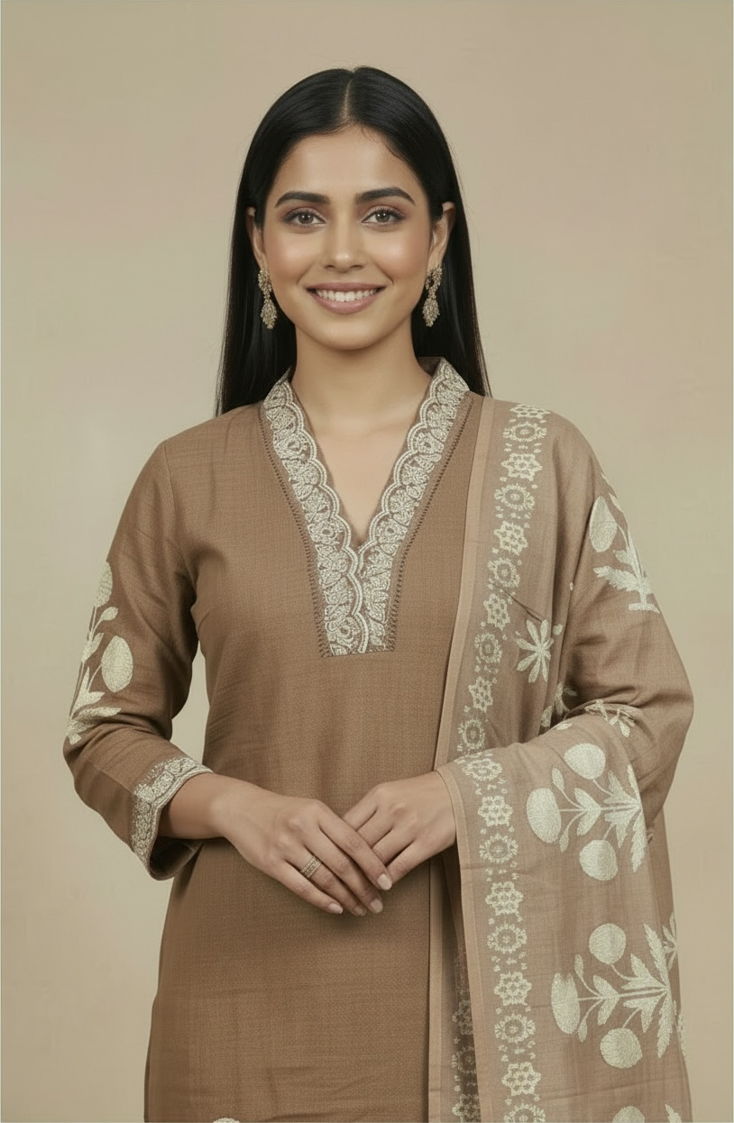 Premium Dabbu Cotton Printed Kurta Set with Dupatta – Earthy Brown Ethnic Wear for Women