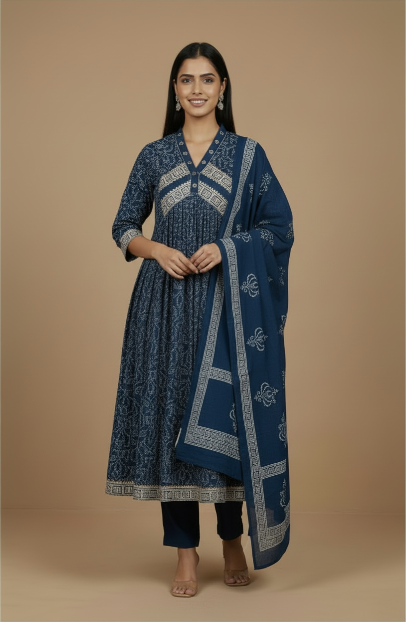 Blue Floral Cotton Anarkali Kurta Set with Dupatta