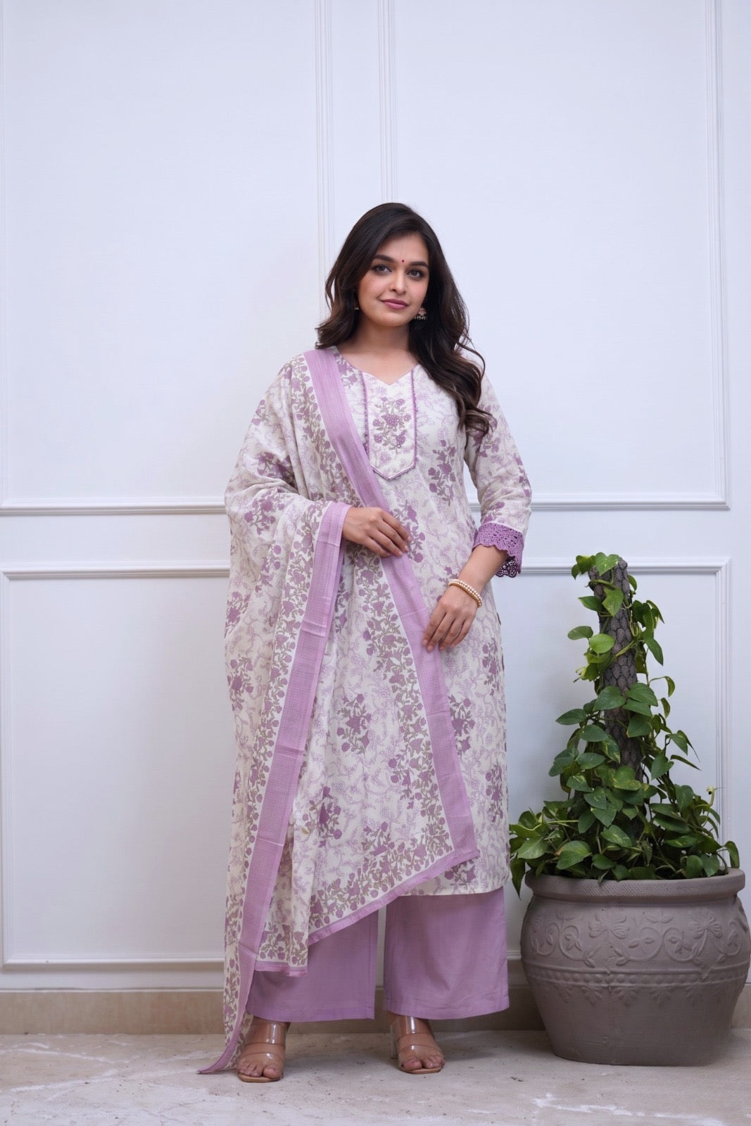 Lavender Floral Cotton Kurta Palazzo Set for Women
